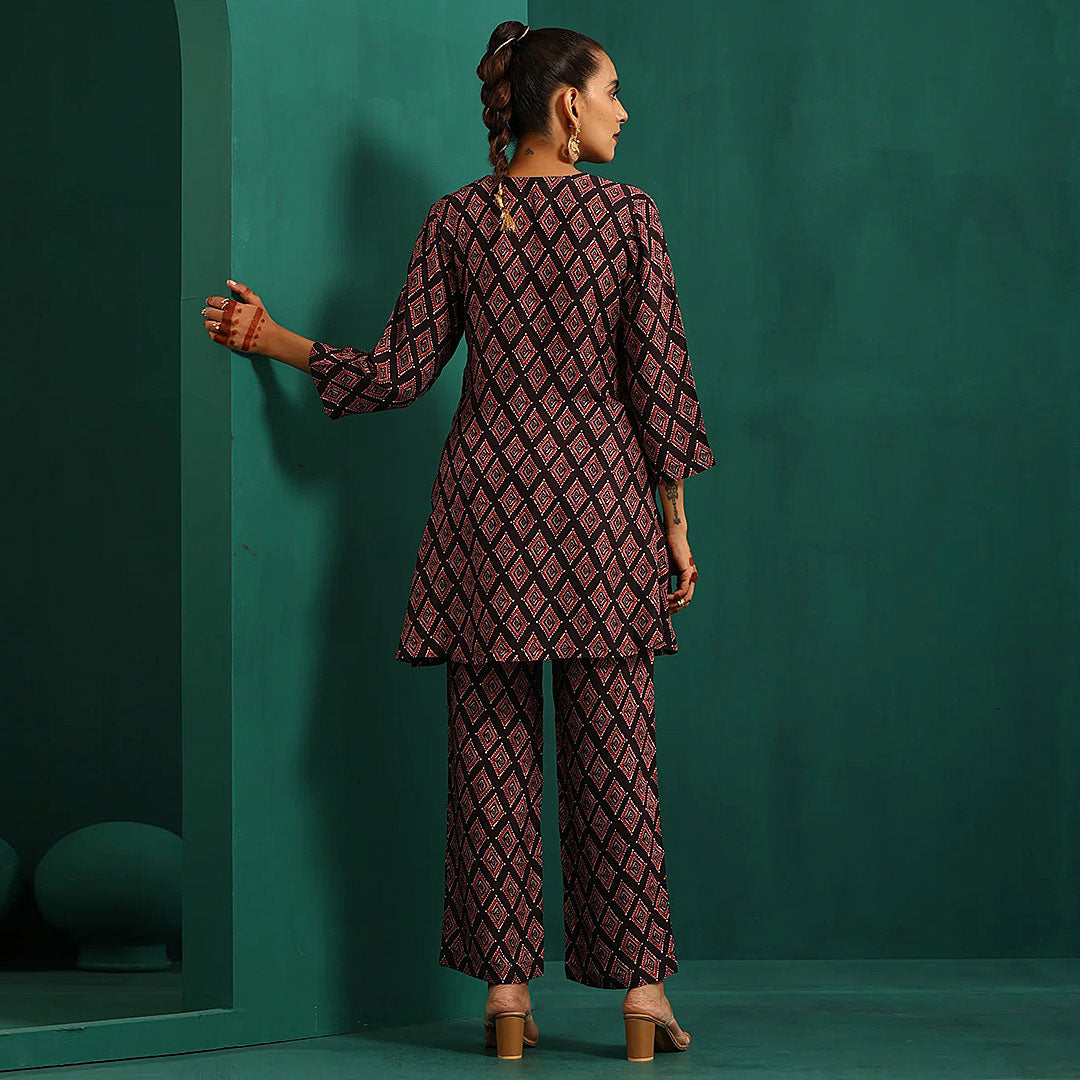 Coffee V-Neck Floral Print Poly Rayon Kurta & Pant