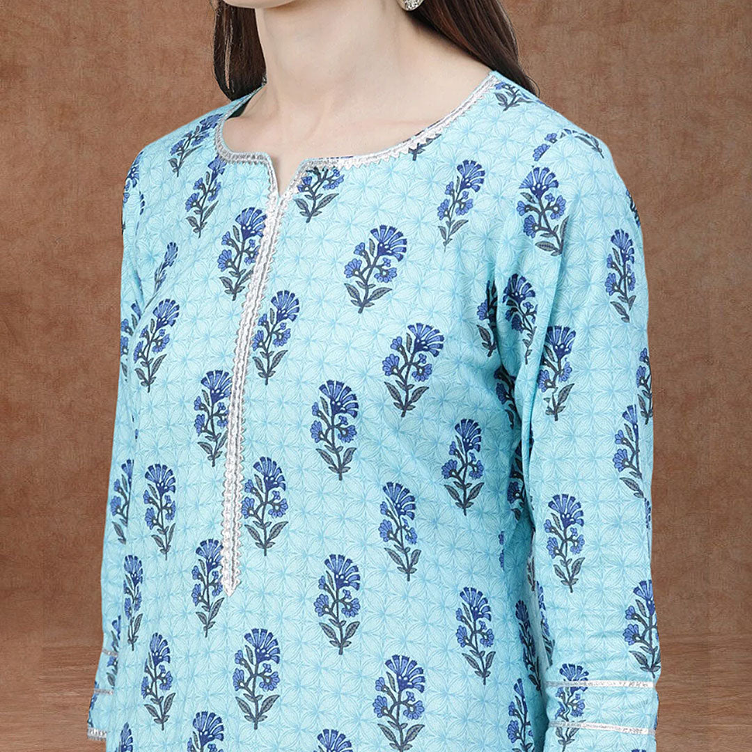 S.Blue V-Neck Printed Poly Rayon 3 Pcs Sets